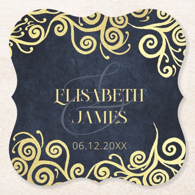 Classy Navy Blue Gold Swirls Wedding Sophisticated Paper Coaster (Front)