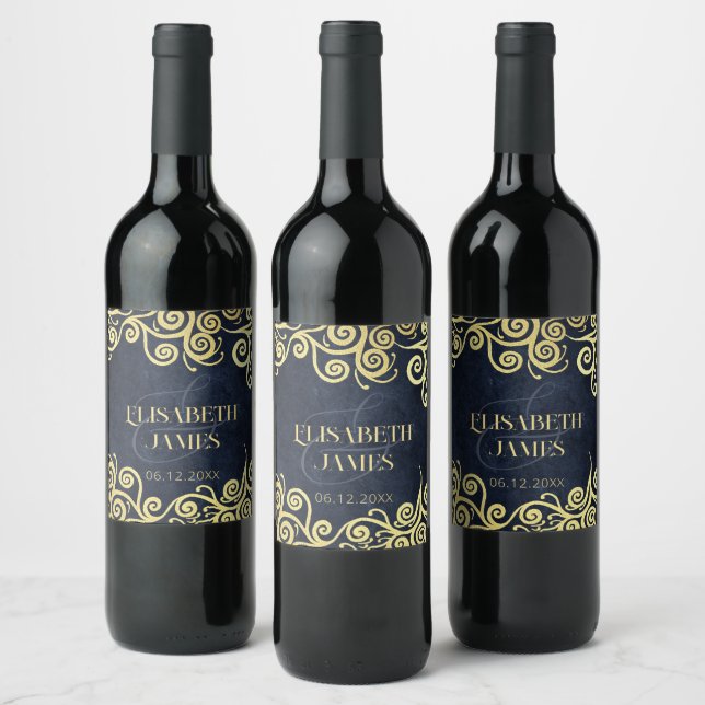 Classy Navy Blue Gold Swirls Wedding Sophisticated Wine Label (Bottles)