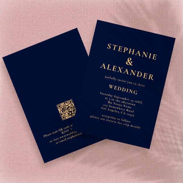 Classy Navy Blue Gold Text QR Code Wedding  Invitation (Creator Uploaded)