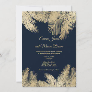 Classy navy blue gold tropical palm tree Wedding Invitation