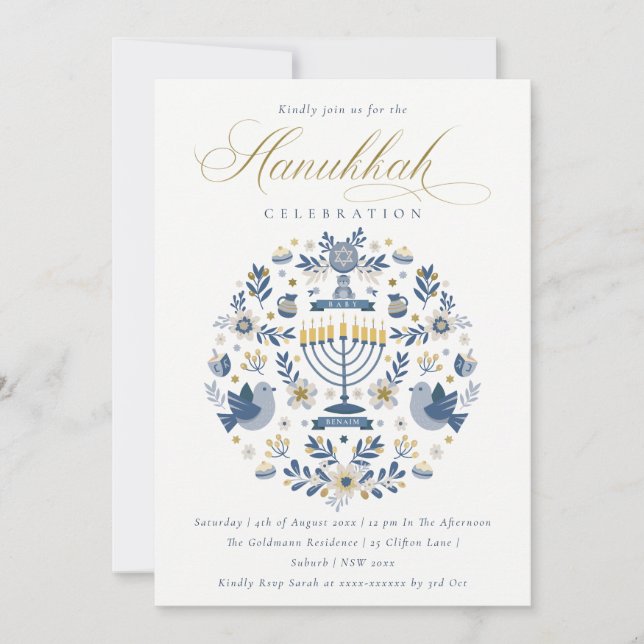 Classy Navy Blue Hanukkah Floral Party Holiday Card (Front)