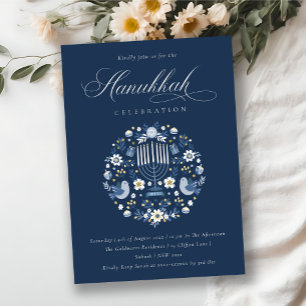 Classy Navy Blue Hanukkah Floral Party Invite