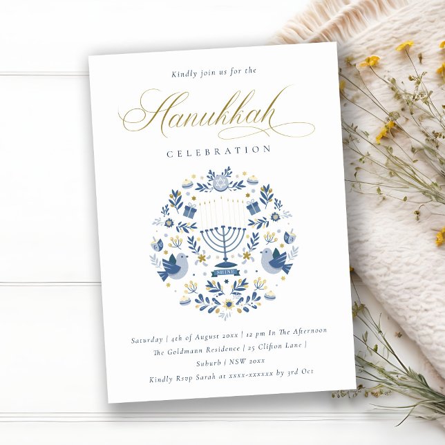Classy Navy Blue Hanukkah Floral Party Invite (Creator Uploaded)