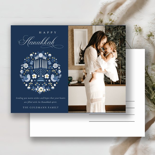 Classy Navy Blue Happy Hanukkah 1 Photo Floral Postcard (Creator Uploaded)
