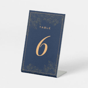 Classy Navy Blue Subtle Floral Table Number Pedestal Sign