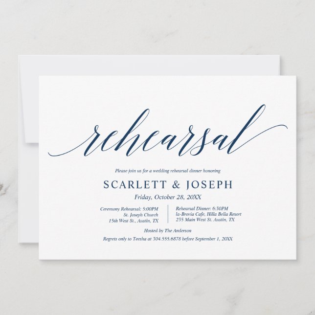 Classy Navy Blue, Wedding Rehearsal and Dinner Invitation (Front)