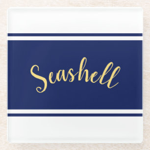 Classy Navy Blue White Stripes "Seashell" Script Glass Coaster