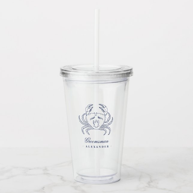 Classy Navy Crab Groomsman Beach Wedding Acrylic Tumbler (Front)