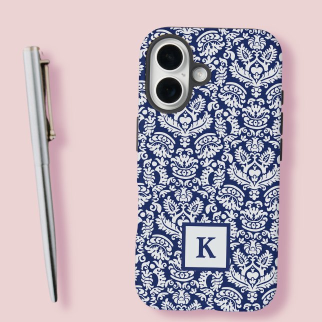 Classy Navy Damask Pattern Monogram Tote Bag Case-Mate iPhone Case (Creator Uploaded)