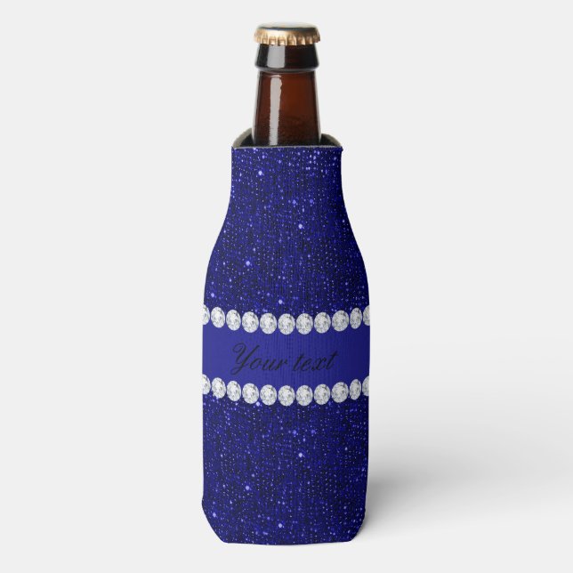 Classy Navy Sequins and Diamonds Personalised Bottle Cooler (Bottle Front)