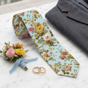 Classy Neck Tie With Antique Roses On Light Blue