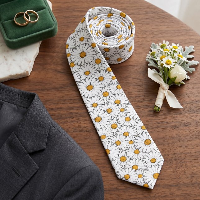 Classy Neck Tie With Yellow White Daisy Floral Art (Creator Uploaded)