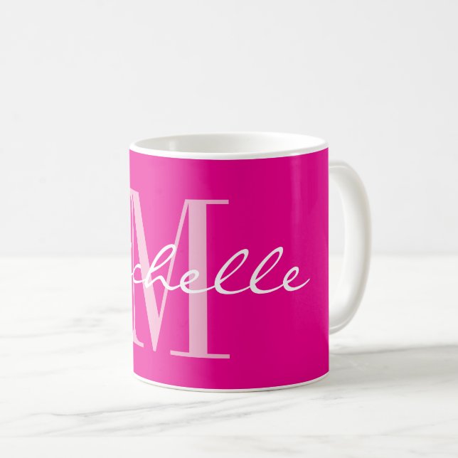 Classy neon pink name monogram coffee mug (Front Right)