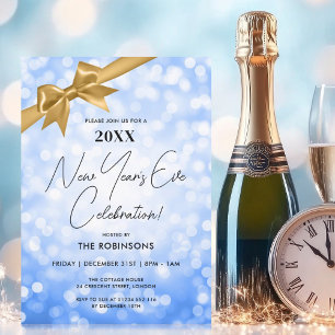 Classy New Years Eve Party Navy Bokeh Gold Bow Invitation