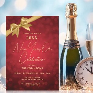 Classy New Years Eve Party Red Gold Bokeh Bow Invitation