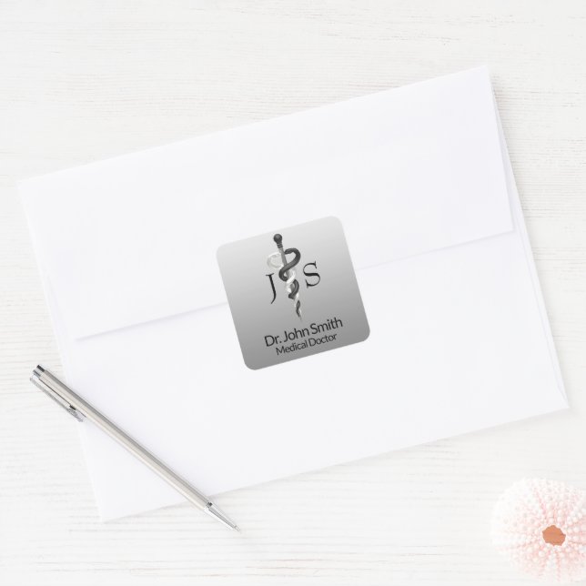 Classy Noble Elegant Medical Black White Asclepius Square Sticker (Envelope)