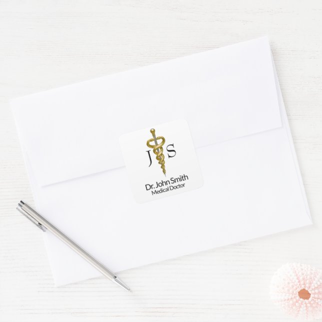Classy Noble Elegant Medical Gold Silver Asclepius Square Sticker (Envelope)