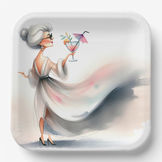 Classy Older Woman With Party Drink Paper Plate (Front)