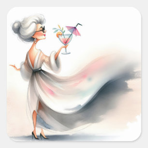 Classy Older Woman With Party Drink Square Sticker