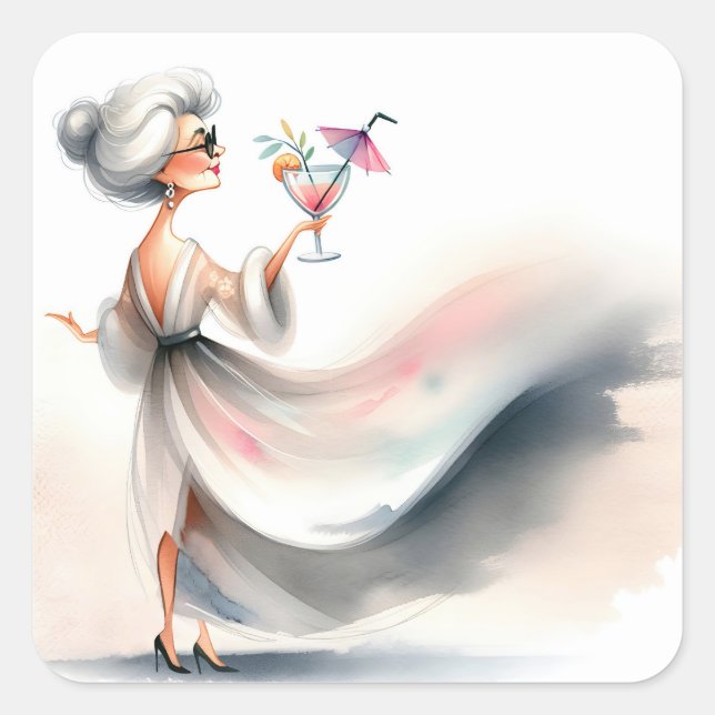 Classy Older Woman With Party Drink Square Sticker (Front)