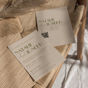 Classy Olive Green Fancy Retro QR Code Wedding Invitation