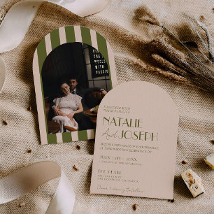 Classy Olive Green Old Money Arched Photo Wedding Invitation