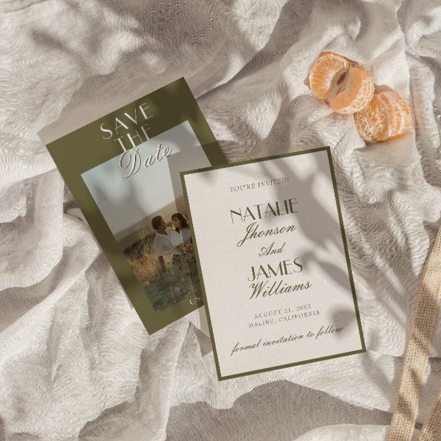 Classy Olive Green Old Money Classic Photo Wedding Save The Date (Creator Uploaded)