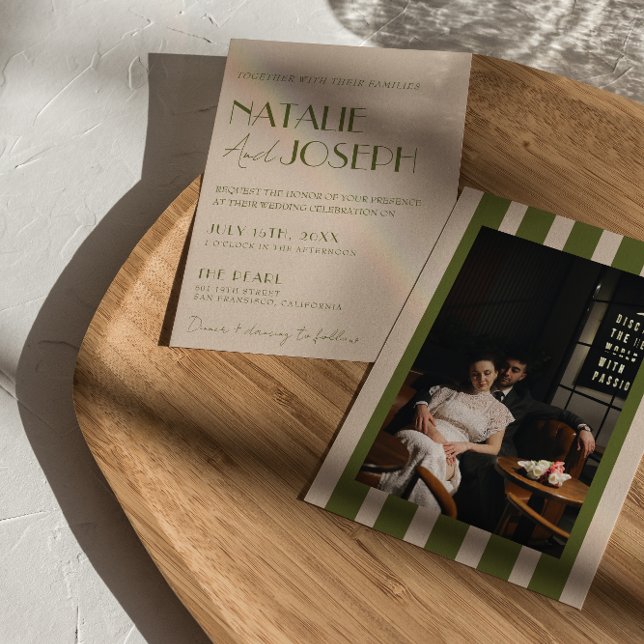 Classy Olive Green Old Money Retro Photo Wedding Invitation (Creator Uploaded)