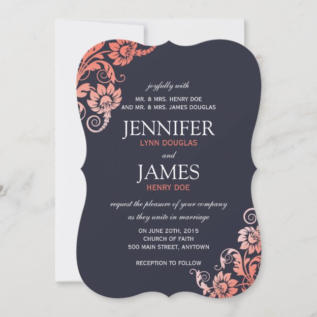 Classy Ombre Coral and Blue Wedding Invitations (Front)