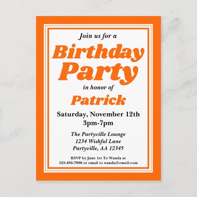 Classy Orange Adult Birthday Party Invitation Postcard (Front)