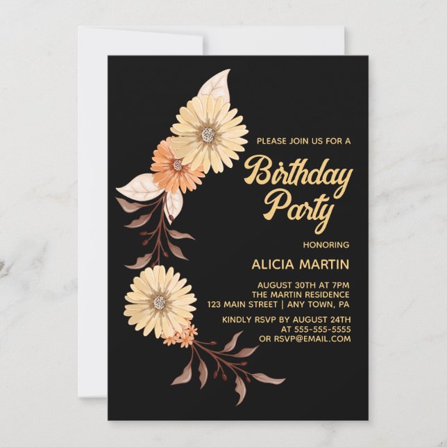 Classy Orange Flower Botanical Gold Black Birthday Invitation (Front)