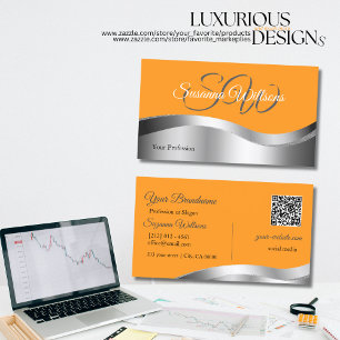 Classy Orange Wavy Silver Decor Initials QR Code Business Card