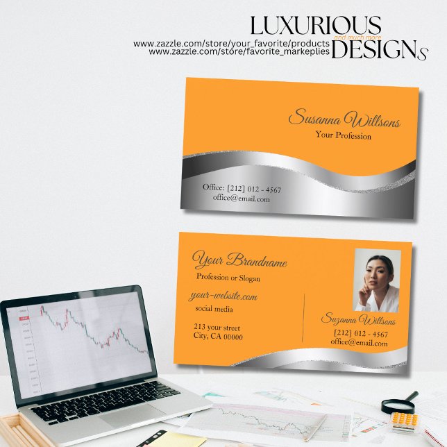 Classy Orange with Wavy Silver Decor and Photo Business Card (Creator Uploaded)