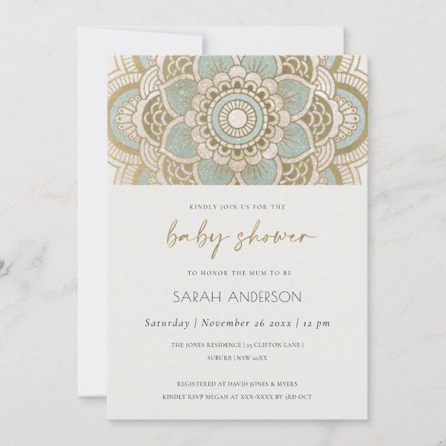 Classy Ornate Gold Teal Mandala Baby Shower Invite (Front)