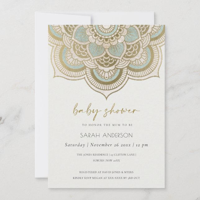 Classy Ornate Gold Teal Mandala Baby Shower Invite (Front)