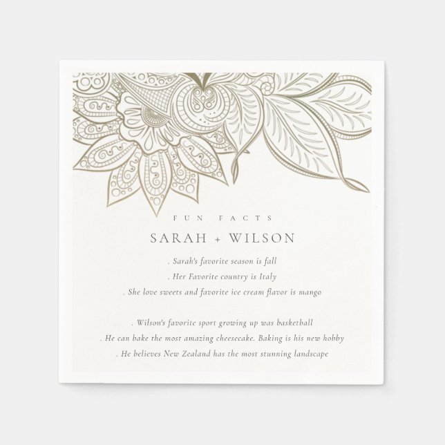 Classy Ornate Paisley Ivory Gold Wedding Fun Facts Napkin (Front)