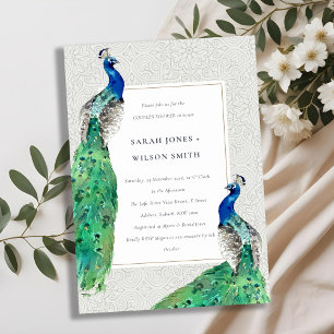 Classy Ornate Watercolor Peacock Couples Shower Invitation