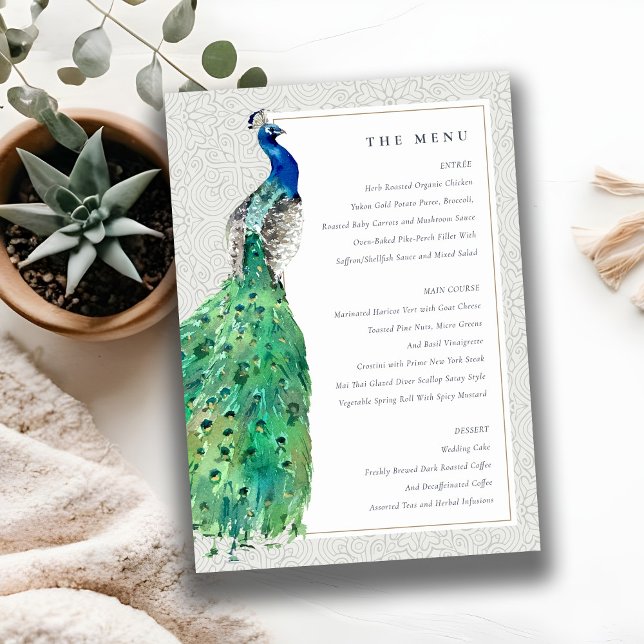 Classy Ornate Watercolor Peacock Wedding Menu Card (Creator Uploaded)