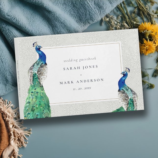Classy Ornate Watercolor Peacock Wedding Welcome Guest Book (Creator Uploaded)
