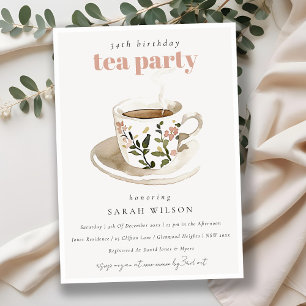 Classy Pastel Floral Tea Cup Birthday Tea Party Invitation