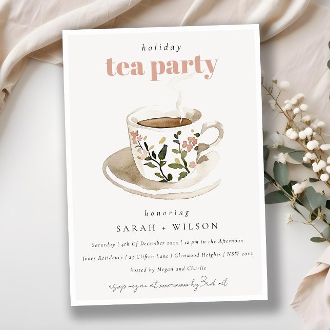 Classy Pastel Floral Tea Cup Holiday Tea Party  Invitation (Creator Uploaded)