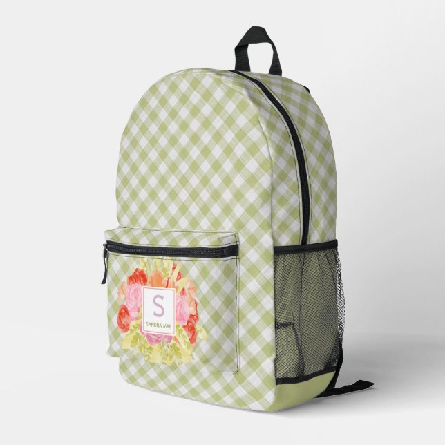 Classy Pastel Spring Green Gingham Check Pattern Printed Backpack (Back Corner Right)