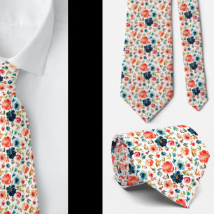Classy Peach Pink Blue Watercolor Roses Neck Tie