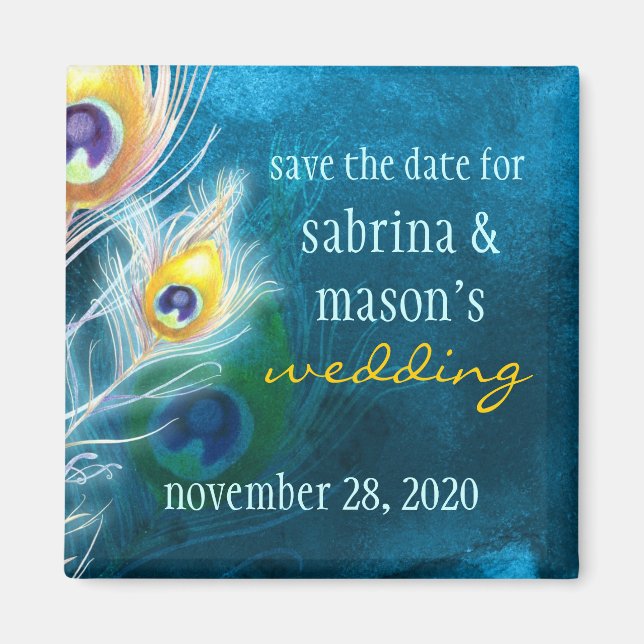 Classy Peacock Blue Wedding Save the Date Magnet (Front)