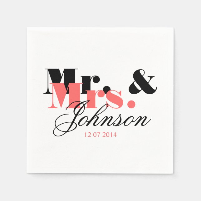 Classy personalised Mr and Mrs wedding napkins (Front)