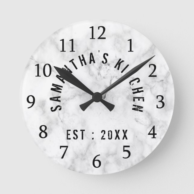 Classy Personalised White Marble Kitchen Round Clock (Front)