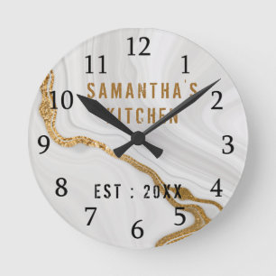 Classy Personalized Gold White Marble Kitchen  Round Clock