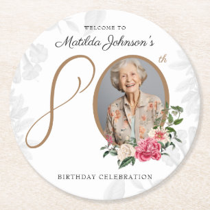 Classy Photo Botanical Floral 80th Birthday Round Paper Coaster