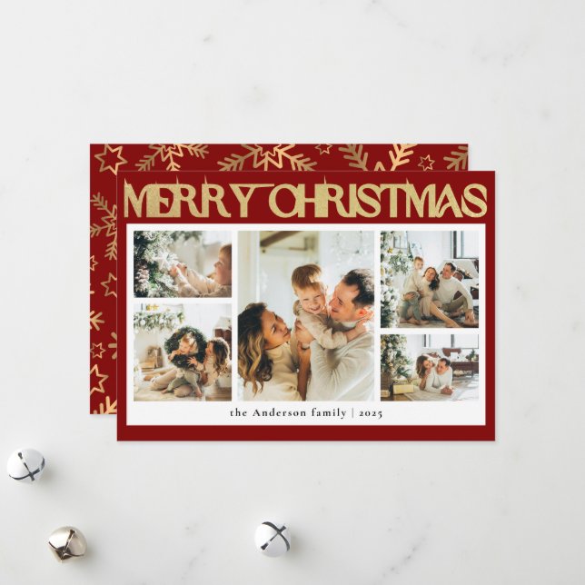 Classy Photo Collage Gold Snowflakes Christmas Holiday Card (Front/Back In Situ)