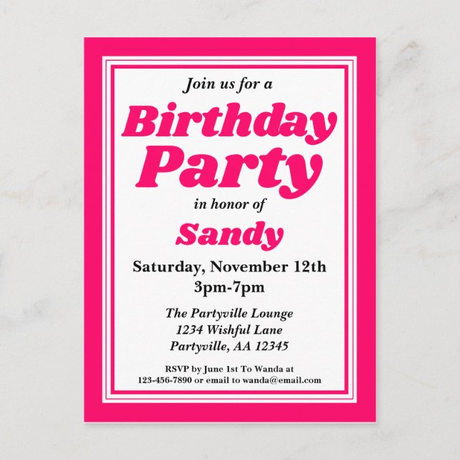 Classy Pink Adult Birthday Party Invitation Postcard (Front)